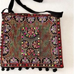 Black Crush Velvet Colorful  Front Embroidered Long Strap Purse